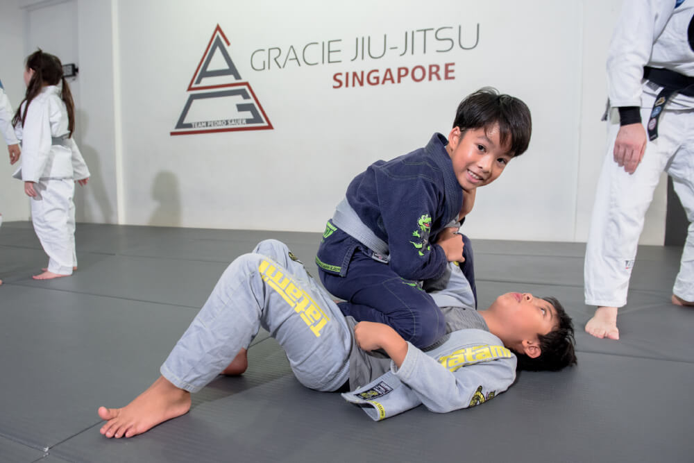 Children practising Jiu-Jitsu anti-bullying techniques at GJJ Singapore